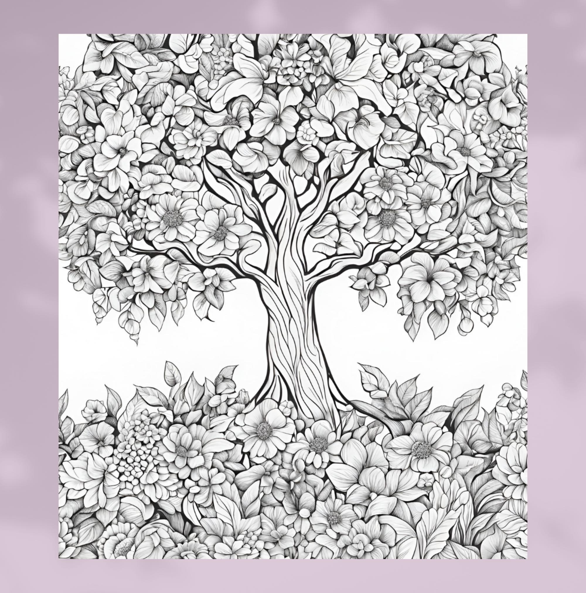 6 Floral Tree Coloring Pages for Adults and Kids Nature Coloring Book ...