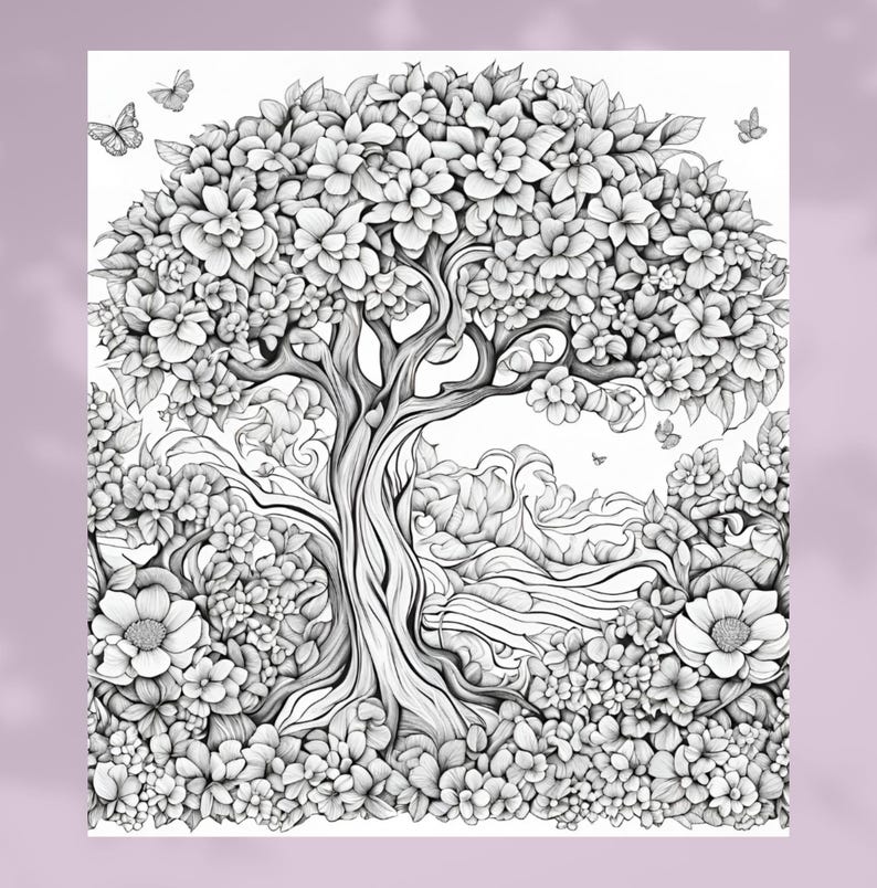 6 Floral Tree Coloring Pages for Adults and Kids Nature Coloring Book ...