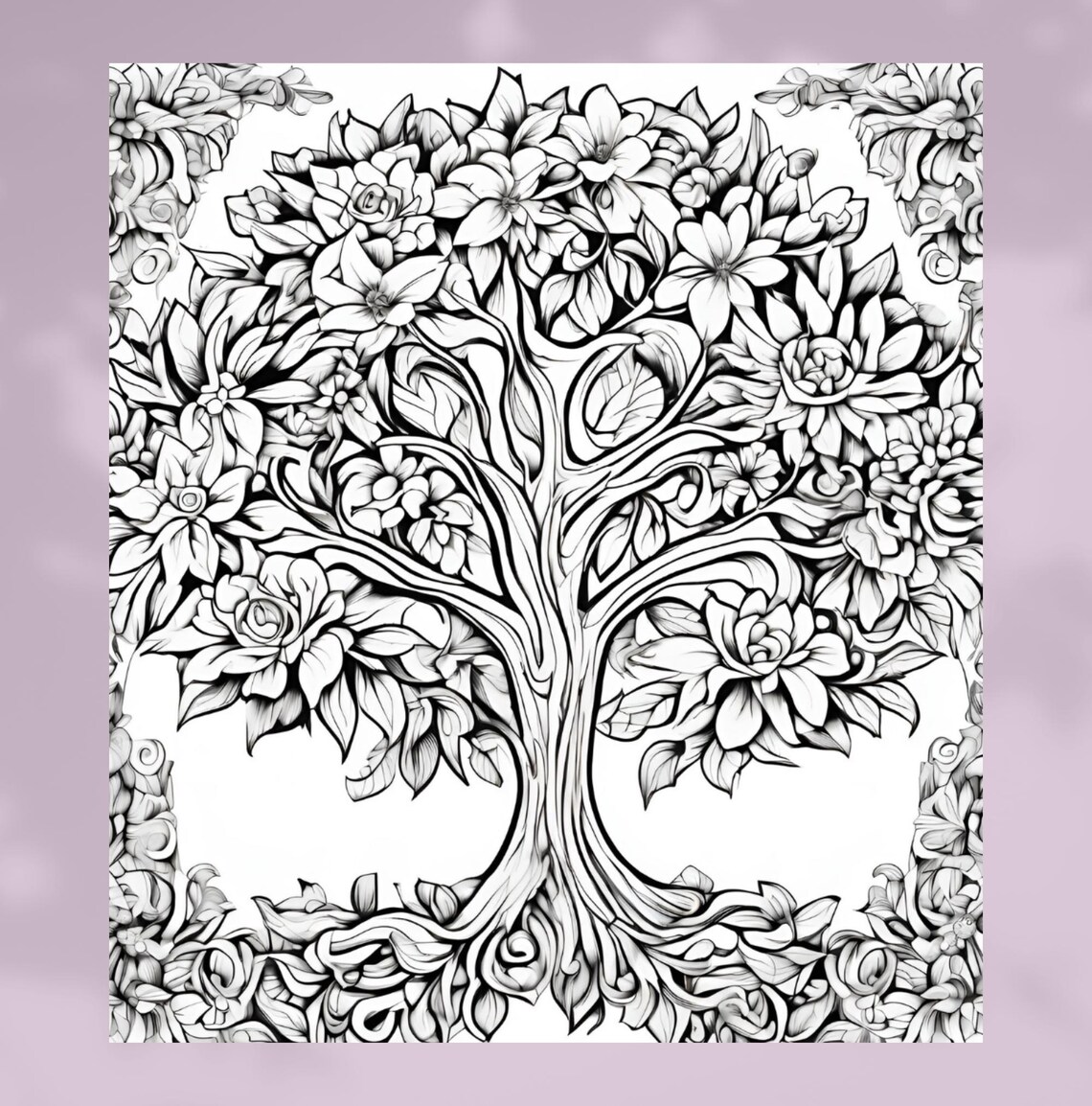 6 Floral Tree Coloring Pages for Adults and Kids Nature Coloring Book ...