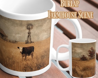 Vintage Farmhouse Mug, Cow and Windmill Scene, Rustic Coffee Cup, Country Kitchen Decor, Farm Animal Gift, Ceramic Tea Mug, Kitchen