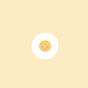 May include: A cheerful cartoon illustration of a smiling egg. The egg has a white outer ring, a yellow yolk with a smiling face, and a light purple outline. The background is a solid light peach color.