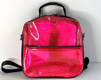 Clear Convertible Stadium Bag, 1 exterior zipper pocket, 2 interior mesh pockets