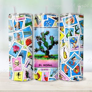 El Nopal Kaktus Loteria Mexiko Spielkarte Hintergrund 20 Unzen Wrap für Skinny Tumbler Drinkware Cup Sublimation Design Digitale Datei Download