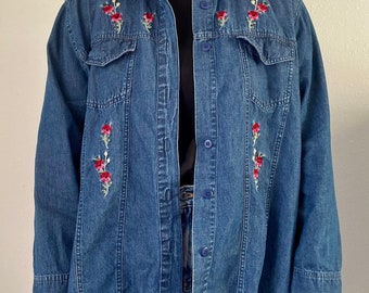 vintage denim long-sleeve button-up shirt with velvet floral embroidery