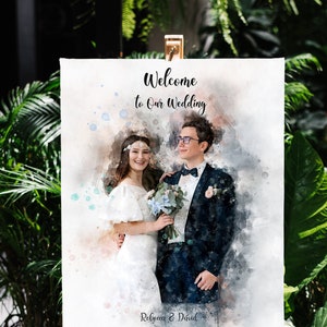 Photo signe de mariage signe de bienvenue de mariage aquarelle Couple Portrait suspendu signe de mariage signe de mariage pour la réception signe de mariage cadre stand