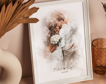 Personalised Watercolour Wedding Painting from Photo, Custom Couple Painting, Anniversary Gift for Wife Husband Partner, Wall Art, Print