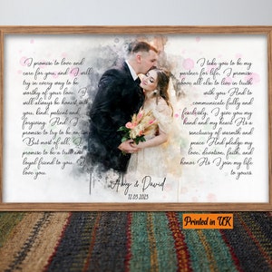 Custom Wedding vows canvas print, Wedding Vow Art, 1 Year Anniversary gift, Vow Print, Watercolor Couple Portrait and Vow framed canvas art