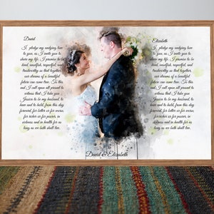 Retrato de pareja y voto, impresiones de lienzo de votos de boda personalizados, arte de voto de boda, regalo de aniversario de 1 año, impresión de voto, decoración de dormitorio, voto de retrato