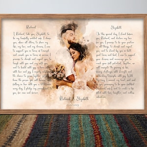 Toile d'art aquarelle portrait de couple et vœux, impression d'art de vœux de mariage personnalisée, art de vœux de mariage, cadeau d'anniversaire de 1 an pour lui impression de vœux