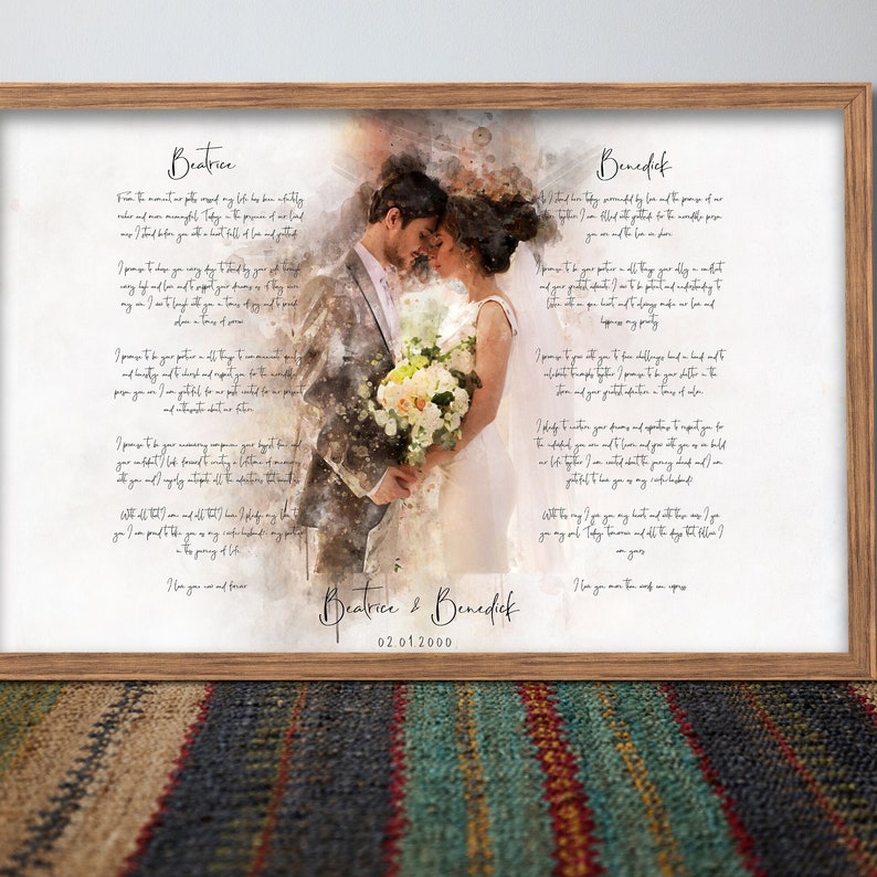 Custom watercolor portrait with wedding vows printed