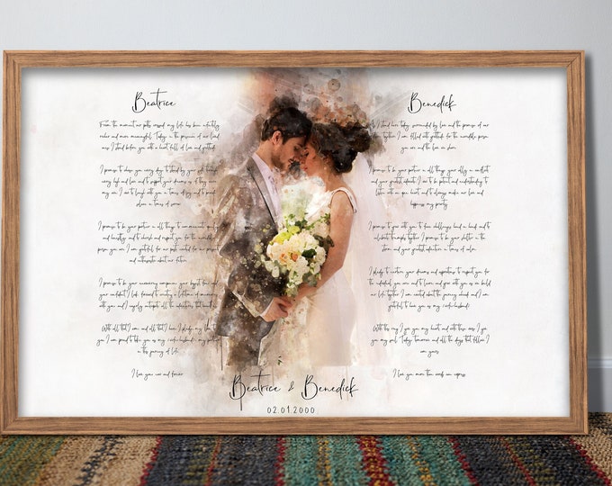 Watercolor Couple Portrait and Vows framed canvas art, Custom Wedding vows print, Wedding Vow Art, 1 Year Anniversary gift for her Vow Print