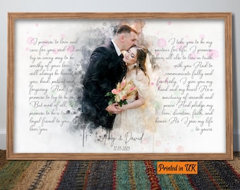 Custom Wedding vows canvas print, Wedding Vow Art, 1 Year Anniversary gift, Vow Print, Watercolor Couple Portrait and Vow framed canvas art