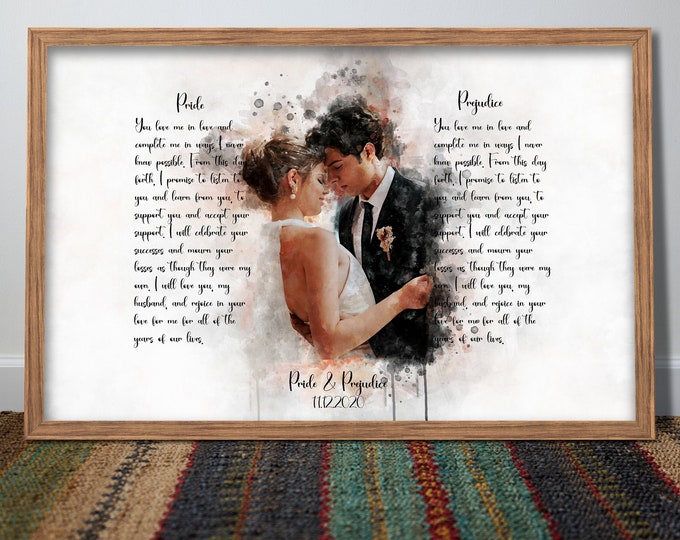 Portrait and Vows framed canvas art, Custom Wedding vows print, Wedding Vow Art, 1 Year Anniversary gift for husband him wife Vow Print gift