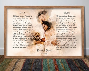 Watercolor Couple Portrait and Vows canvas art, Custom Wedding vows art print, Wedding Vow Art, 1 Year Anniversary gift for him Vow Print