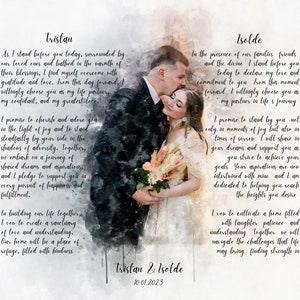 Portrait de couple et vœux encadrés sur toile, impression de vœux de mariage personnalisée, cadeau d’anniversaire de 1 an pour elle et lui, impression d’art de vœux