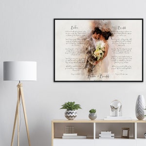 Retrato en acuarela y votos enmarcados en lienzo, impresión personalizada de votos de boda para el marido, regalo de 1 año de aniversario de Vow Art para el novio de la pareja