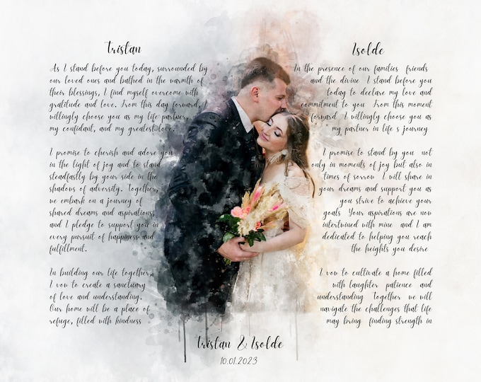 Couple Portrait and Vows framed canvas art, Custom Wedding vows print, Wedding Vow Art 1 Year Anniversary gift for her and him Vow art Print