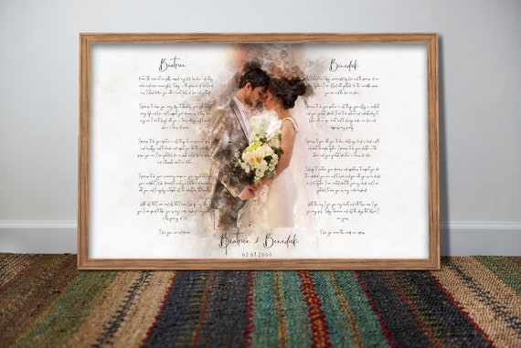 Watercolor Couple Portrait and Vows framed canvas art, Custom Wedding vows print, Wedding Vow Art, 1 Year Anniversary gift for her Vow Print
