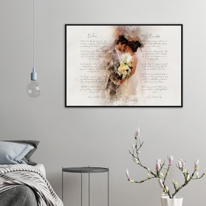 Portrait de couple à l'aquarelle et art encadré sur toile de vœux, impression de vœux personnalisée pour mari, cadeau d'anniversaire de 1 an art de vœu pour petit ami de couple
