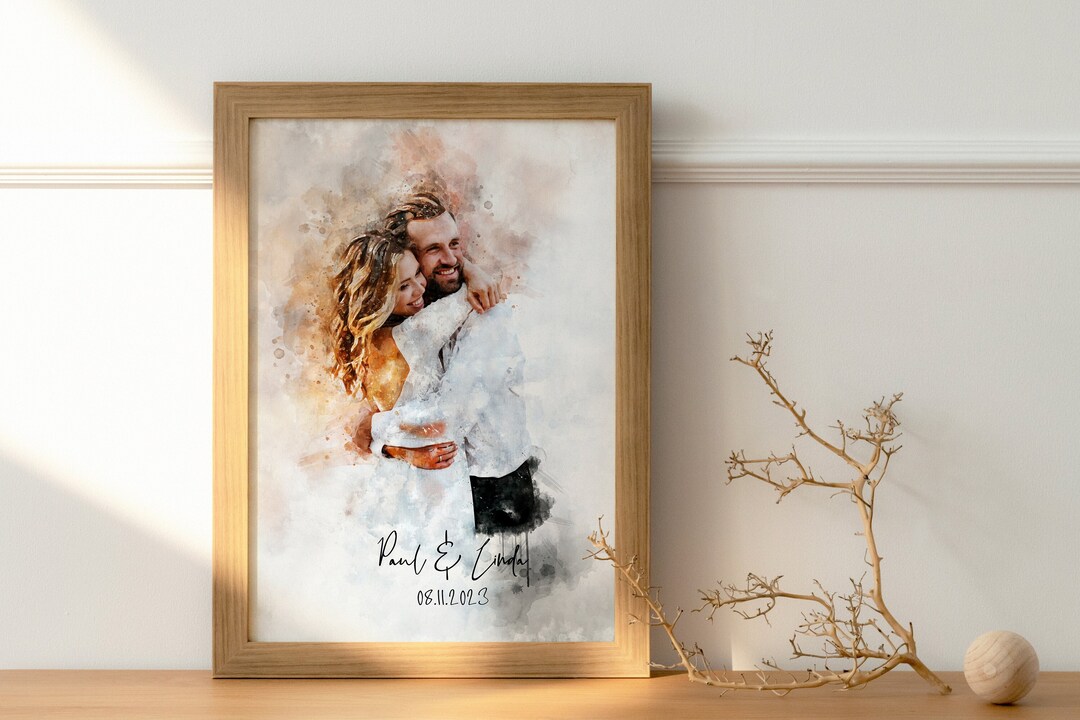 Watercolor Couple Portrait Framed Canvas Art, Custom Wedding Print ...