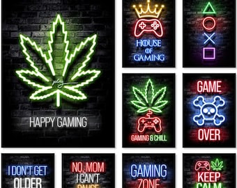 9 dipinti per Gamer room | Immagini di slogan di gioco motivazionali effetto neon | arredamento della sala giochi