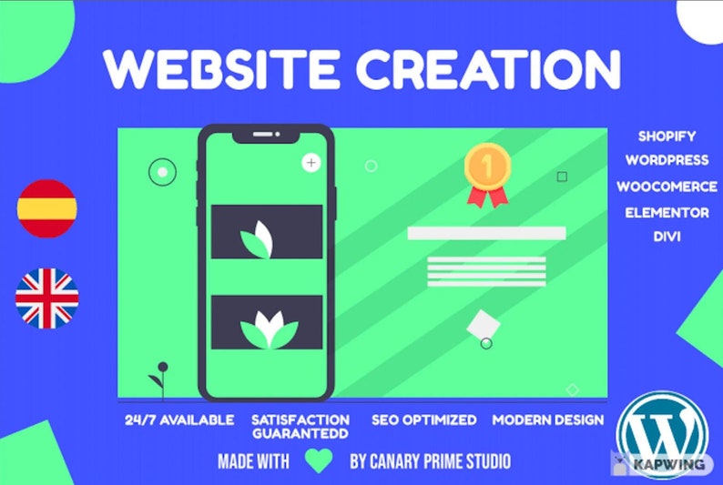 Pu&ograve; includere: Un'illustrazione verde e blu di un telefono cellulare con un design di sito web sullo schermo. Il testo "WEBSITE CREATION" &egrave; in alto nell'immagine. Il testo "24/7 AVAILABLE", "SATISFACTION GUARANTEED", "SEO OPTIMIZED" e "MODERN DESIGN" sono in basso nell'immagine. Il testo "MADE WITH" &egrave; seguito da un'icona a forma di cuore e dal testo "BY CANARY PRIME STUDIO". Il testo "SHOPIFY", "WORDPRESS", "WOOCOMERCE", "ELEMENTOR" e "DIVI" sono elencati sul lato destro dell'immagine. Il logo di WordPress &egrave; in basso a destra nell'immagine.