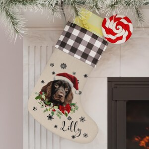 May include: A Christmas stocking with a black and white buffalo check cuff and a printed image of a brown dog wearing a Santa hat. The dog's name, "Lilly", is written in script below the image. The stocking is decorated with snowflakes.