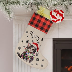 Personalized Christmas Cat Stocking, Kitten Stocking, Grey Silver Tabby Custom Cat, Cat Lover Gift, Cat Mom Christmas Gift, Xmas Pet Decor