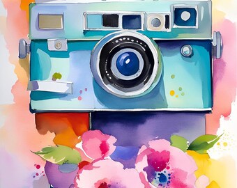 Watercolor vintage floral camera