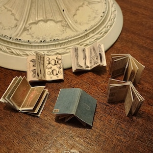 May include: A collection of miniature books with detailed illustrations, including anatomical drawings and botanical studies. The books are open, revealing their pages, and are arranged on a wooden surface. One book has a blue cover.