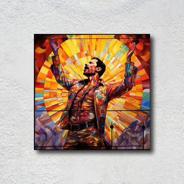 Freddie Mercury digital art pop star icon high quality poster print colorful stained glass