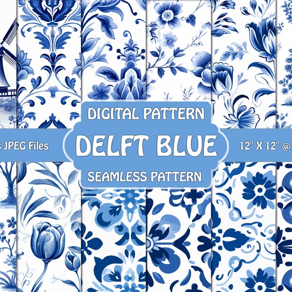 Delft Blue digital paper, Delft Blue seamless pattern, Delft Blue flower pattern, Delft Blue flower graphics, Delft Blue wallpaper, Dutch