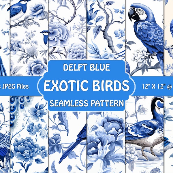 Delft Blue Exotic Birds digital paper, Delft Blue seamless pattern, Delft Blue flower pattern, Delft Blue wallpaper, Dutch