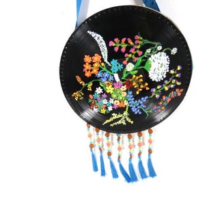 Hand Painted LP Bag Vinyl Record Bag Wild Flowers Flower Garden Upcycled Bag Tassel Bag