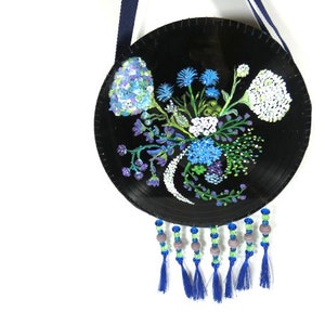 Hand Painted LP Bag Vinyl Record Bag Wild Flowers Flower Garden Upcycled Bag Tassel Bag Blue White Green Purple