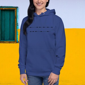 May include: A royal blue hoodie with a black dashed line design across the chest. The hoodie has a drawstring hood and a kangaroo pocket.