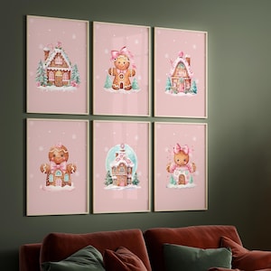 Set of 6 Pink Christmas Gingerbread House & Girl Prints Xmas Pink Printable Decor Christmas Sweets Christmas Cute  Wall Art With A Free Gift