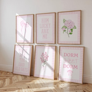 Pink Preppy Dorm Art Prints: Gingham Decor Set (Digital Download, Set of 6)