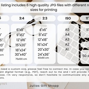 May include: A chart showing six different aspect ratios for printing images. The ratios are 4:5, 3:4, 2:3, ISO, and 11"x14". Each ratio is listed with corresponding measurements in inches and centimeters.