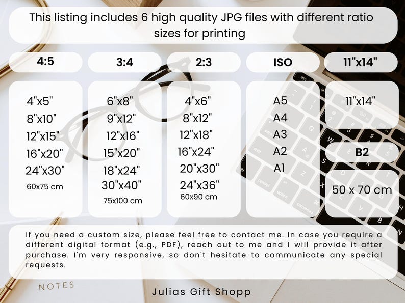 May include: A chart showing six different aspect ratios for printing images. The ratios are 4:5, 3:4, 2:3, ISO, and 11"x14". Each ratio is listed with corresponding measurements in inches and centimeters.