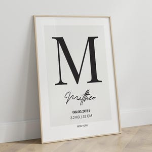 Impresión personalizada minimalista con detalles de nacimiento, inicial, letrero con nombre, decoración imprimible para habitación de niños, arte de pared para guardería de niño o niña, monograma con nombre