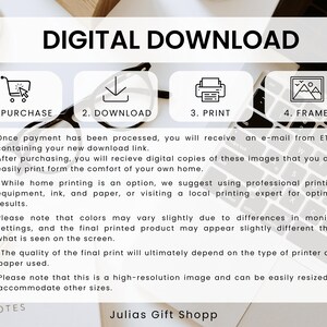May include: Digital download instructions with icons for purchase, download, print, and frame. Text explains the process, including receiving an email from Etsy and printing at home or professionally. Includes the text "Julias Gift Shopp".