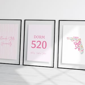 May include: Three framed prints with black frames. The left print has pink stripes and the words "Florida State University." The middle print says "DORM 520" in pink. The right print is a floral outline of Florida.