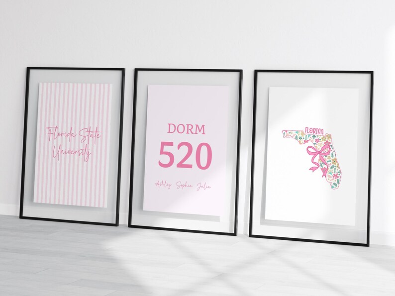 May include: Three framed prints with black frames. The left print has pink stripes and the words "Florida State University." The middle print says "DORM 520" in pink. The right print is a floral outline of Florida.