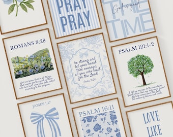 Set of 12 Blue Christian Prints | Bible Verse Gallery Set Digital Download