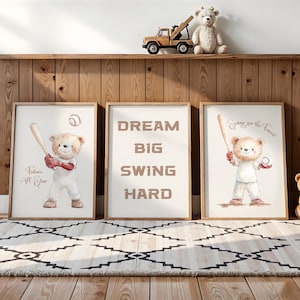 Beige Baseball Player Bear Poster Set of 3 Nursery Wall Art Sports Themed Kids Room Decor Playroom Prints Baby Boy Gift Printable Download