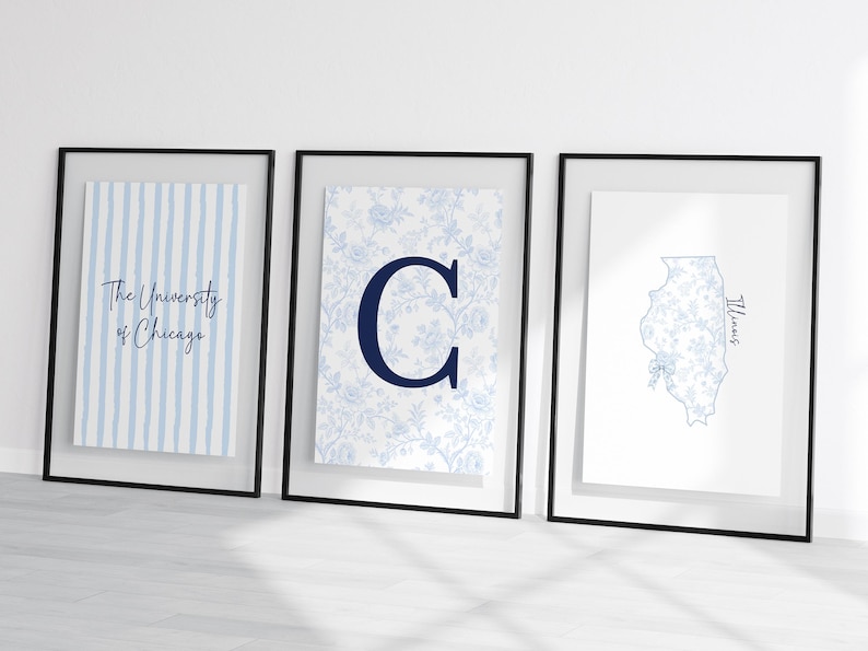 May include: Three framed prints with black frames. The left print has blue and white vertical stripes and the text "The University of Chicago." The centre print has a large blue letter "C" on a floral background. The right print is a blue floral outline of the state of Illinois.