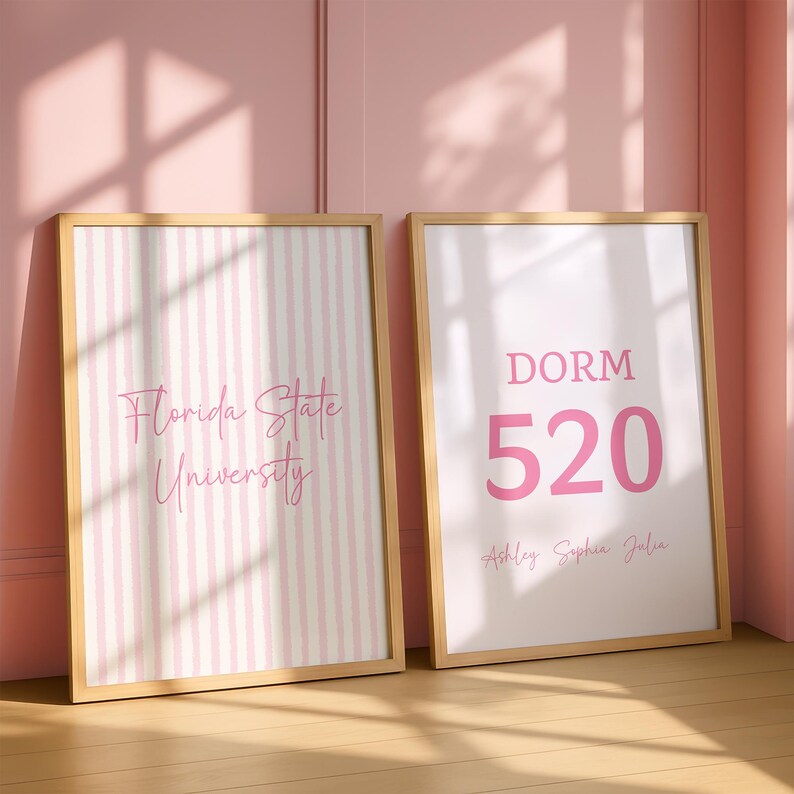 May include: Two framed prints with wooden frames. One print has pink and white vertical stripes and the words "Florida State University" in pink script. The other print has the word "DORM" above the number "520" in pink, with a name below.