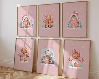 Pink Gingerbread Print Set of 6: Pinkmas Christmas Wall Art, Instant Download