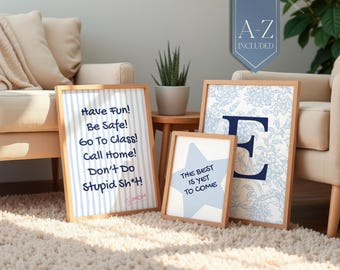 Funny Dorm Rules Poster Set: Blue Monogram, Call Home Sign & Quote Print